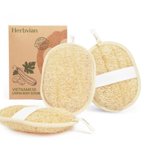 Herbvian Vietnamese Natural Loofah Exfoliating Body Scrubber Pads, 100% Plant-Based Shower Luffa Sponge, Bath Loofah for Women Men (Pack of 3)