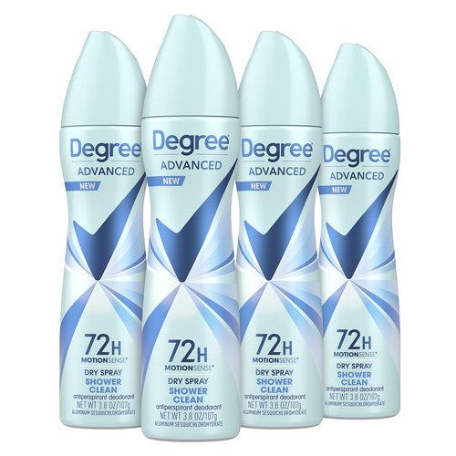 Degree Advanced Antiperspirant Deodorant Dry Spray 72-Hour Sweat and Odor Protection Shower Clean Deodorant Spray For Women With MotionSense Technology 3.8 oz, Pack of 4