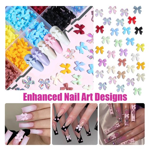 720 Pieces Bow Nail Charms 24 Color Multicolor 3D Bows for Nails Includes 5 Colors Transparent Bow Charms for Nails with Pickup Tool Cute Colorful Nail Bows for Manicure DIY Nail Decoration