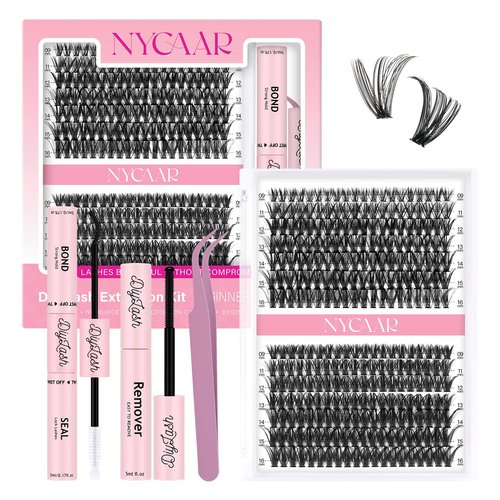 NYCAAR DIY Lash Extension Kit 280Pcs Individual Eyelash Extension Kit 40D50D 0.07D Curl 9-16MIX Lash Clusters Kit with Lash Glue Remover Applicator Easy to Use for Beginners