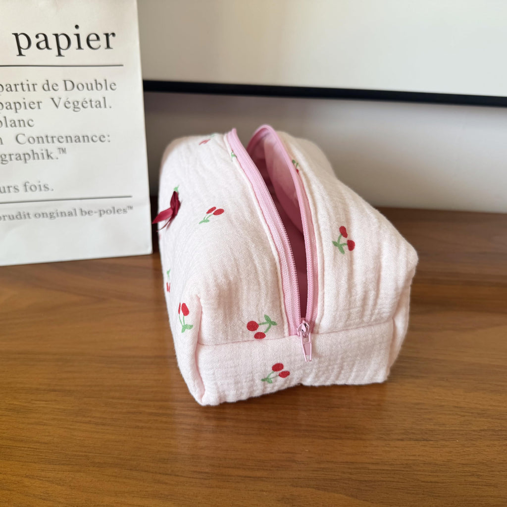 ZUNUONUO Handmade Quilted Cotton Makeup Bag for Women - Cute Cosmetic Pouch, Travel Toiletry & Make Up Organizer, Coquette Aesthetic Skincare Bag, Travel Essentials (Cute Cherry)