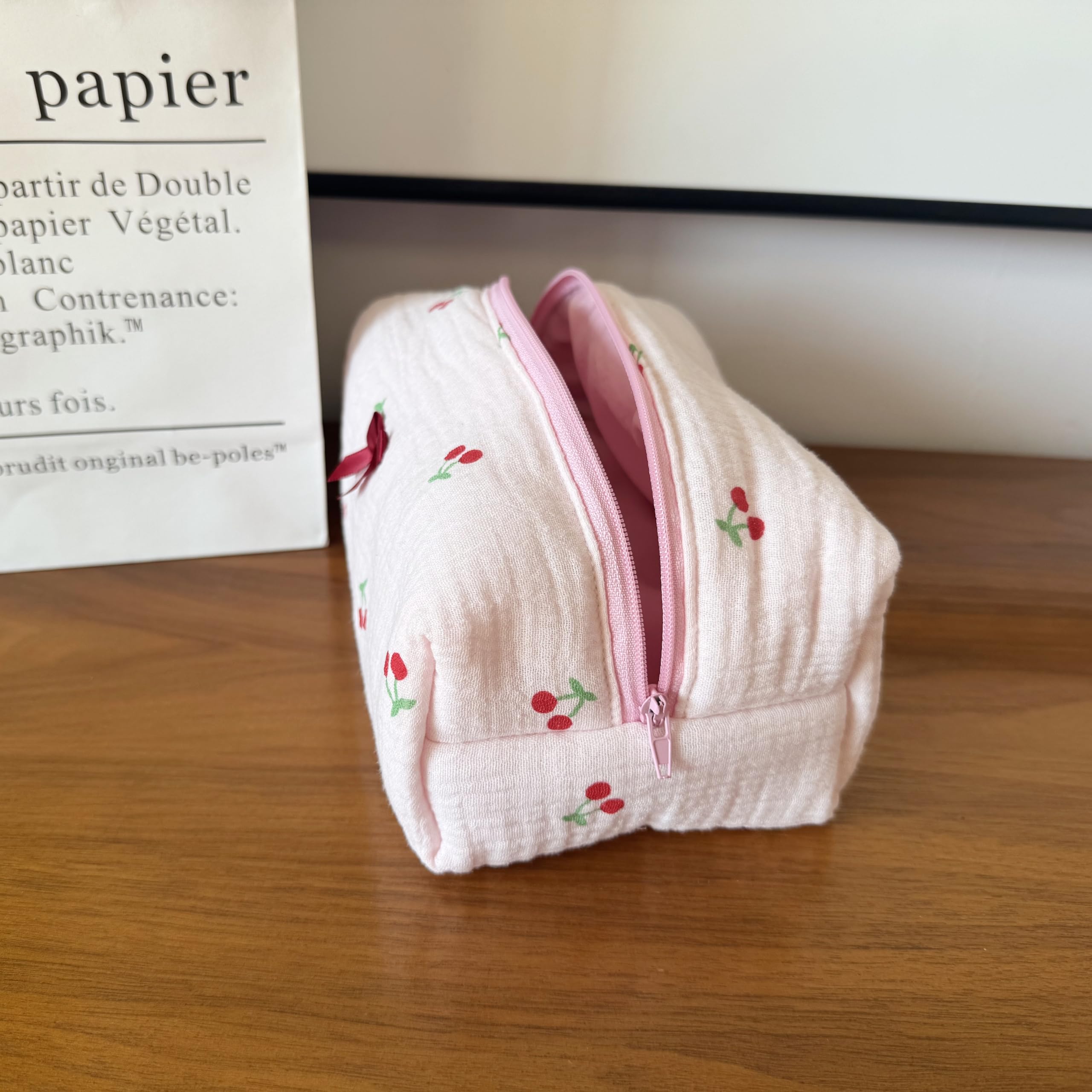 ZUNUONUO Handmade Quilted Cotton Makeup Bag for Women - Cute Cosmetic Pouch, Travel Toiletry & Make Up Organizer, Coquette Aesthetic Skincare Bag, Travel Essentials (Cute Cherry)