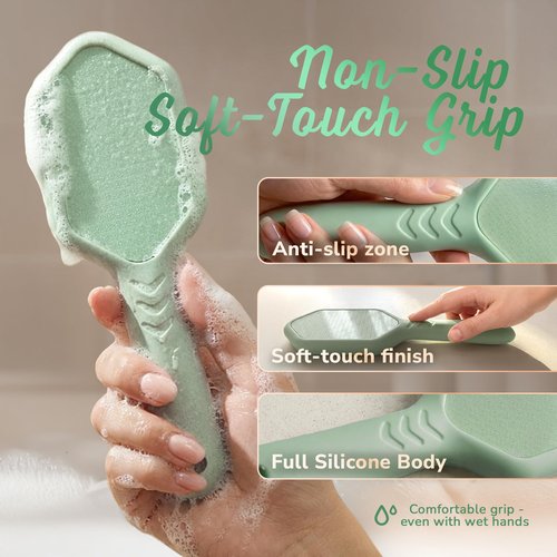 SILKLE Nano Glass Foot File - Silicone Foot Callus Remover for Feet and Cracked Heels - Heel Scraper for Dead Skin - Ergonomic Foot Scrubber & Exfoliator for Shower with Non-Slip Grip - Green
