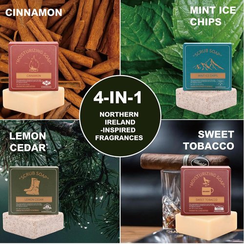 Rinse & Robust Men's Bar Soap Gift Set - 4-in-1 Cleansing, Moisturizing & Exfoliating | 5.3 oz | Cinnamon, Lemon Cedar, Mint Ice Chips, Tobacco