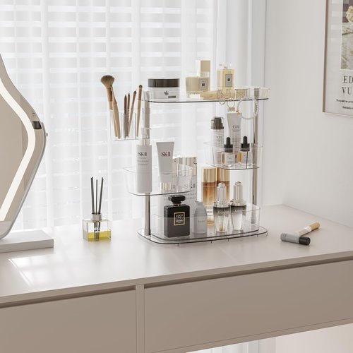 ACRYDECOR Clear Acrylic Makeup Organizer, Multi-Tier Cosmetic Storage Rack with Side Containers, Large Capacity Skincare Holder for Bathroom Counter, Vanity & Desk