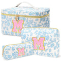 3 PCS Travel Makeup Bag Set, A–Z Initials Cotton Quilted Cosmetic Bag for Women & Preppy, Personalized Toiletry Bag Travel Accessories Makeup Brushes Organizer, Valentine’s Day & Birthday Gift for Her