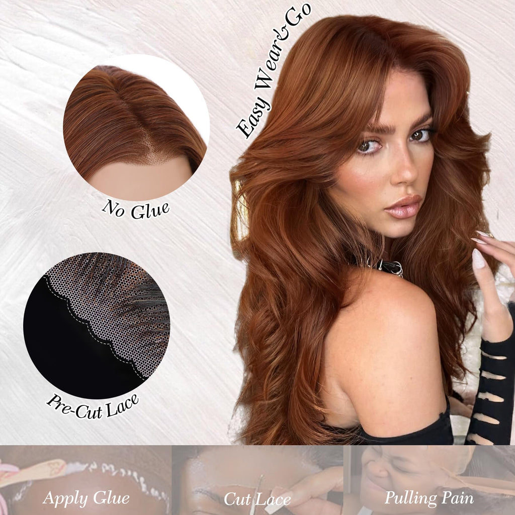 WECAN Auburn Glueless Wig Synthetic Lace Front Wig 13X4 HD Wave Wigs Heat Resistant Wigs
