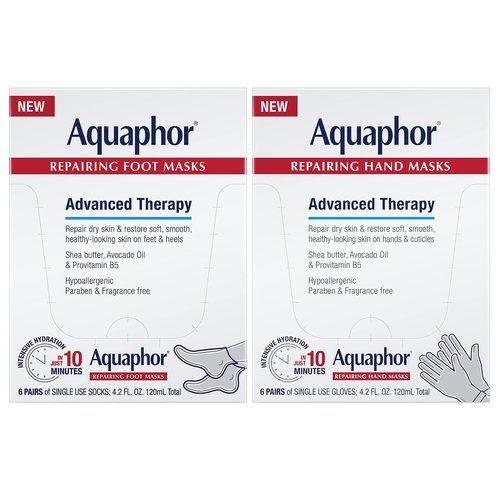 Aquaphor Repairing Hand and Foot Masks Set with Avocado Oil and Shea Butter, Manicure and Pedicure Supplies and At Home Spa Gifts, For Dry Hands and Cracked Feet, 6 Each, Pack of 12