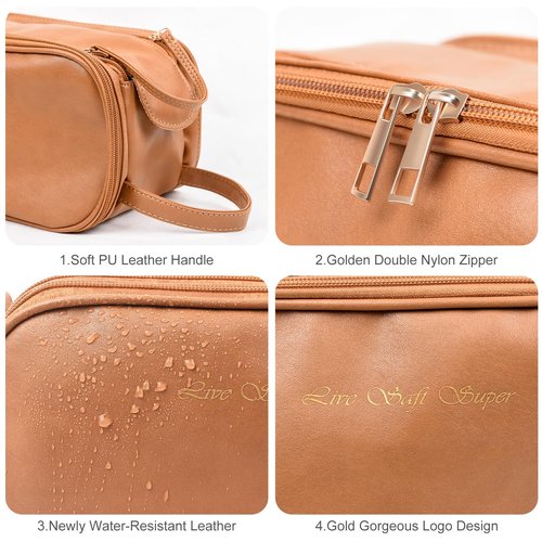 Live Saft Super Travel Makeup Bag - Large Capacity Cosmetic Bags For Women Portable Opening Travel Toiletry Bags, Waterproof PU Leather Pouch Open Flat Makeup Organizer With Handle and Divide Brown