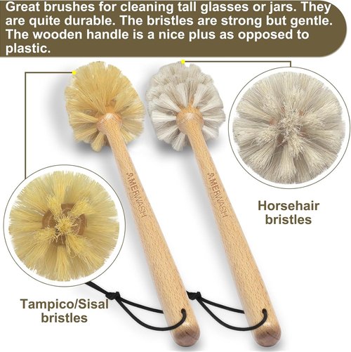 Natural Bristle Bottle Brushes by [Brand Name] - 13.75-Inch Wood Handle for Cleaning Jars, Glasses & Vases | 2 Pack