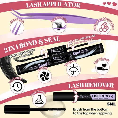 Lash Extension Kit, 516Pcs Individual Cluster Eyelash Extensions with Lash Bond&Seal Remover Tweezer Brush Lash Curler Lash Assistant Stylish Portable Makeup Bag DIY Lash Extensions at Home