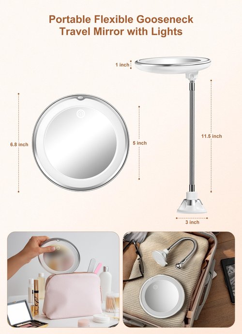 Brightown 10x Magnifying Mirror with Light,Flexible Gooseneck Make up Mirror with Lights and Magnification, Battery Operated with Suction Cups for Wall Bathroom Silver 3 Lighting