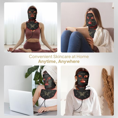 LANSSPARIE LED Light Therapy Mask, 7 Modes Soft Silicone Red Light Therapy Mask for Face and Neck, Red Light Face Mask with 5 Brightness Levels for Anti-Aging, Skincare at Home & Travel - E106A
