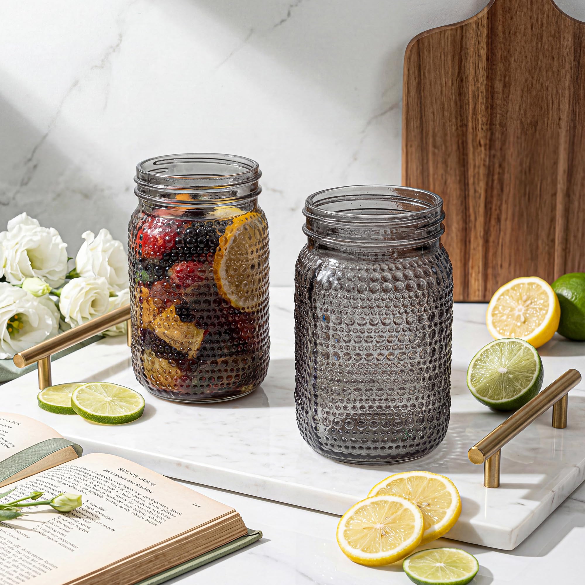 WELLIFE Mason Jars 32 oz, 6 Pack Quart Vintage Green Mason Jars Wide Mouth for Pickling, Glass Storage Jars, Canning, Decoration, Fermenting and Food Storage, Non-Slip Design