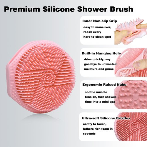 PeaKalo Silicone Body Scrubber for Men Women, Dual-Sided Gentle Exfoliating Body Scrubber Scalp Scrubber Massager for Deep Cleansing, Soft Silicone Loofah Body Brush with Hanging Holes (Black+Pink)