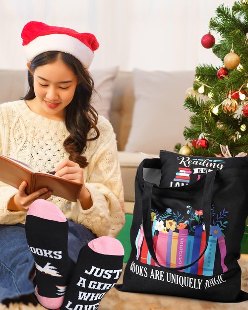 Huhumy 3 Pcs Book Lover Gifts for Women Library Tote Bag Novelty Book Socks Cosmetic Bag Christmas Bookish Gifts for Reading Lovers Librarian Colleagues Teachers Friends Bookworms Authors