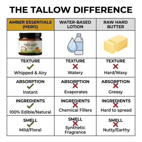 AMBER ESSENTIALS Beef Tallow & Honey Balm, All-Natural Moisturizer with Raw Honey & Olive Oil, Grass-Fed Tallow Cream for Face & Body, Deeply Nourishing Skin Care for Women & Men, Rich Moisture