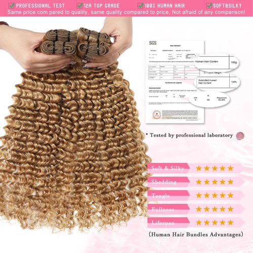 #27 Blonde Deep Wave Human Hair Bundles 20 Inch 12A Brazilian Human Hair Curly 1 Bundle Honey Blonde Wet and Wavy Bundles for Black Women