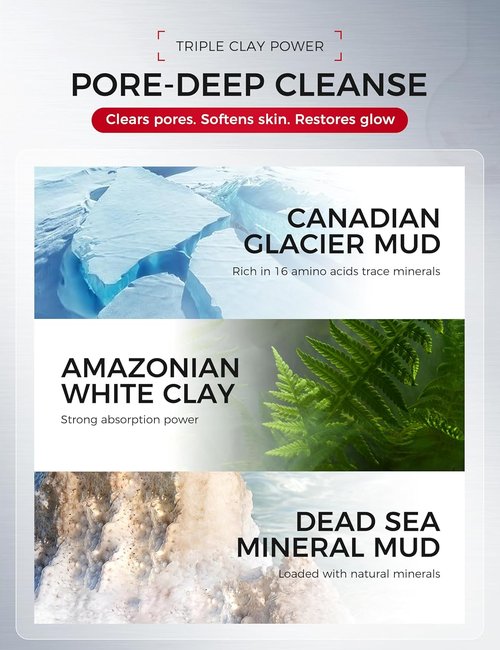 Ning Dermologie Clay Mask for Face | Triple Mud Formula Deep Cleans Pores & Reduces Acne - 3.88 Oz