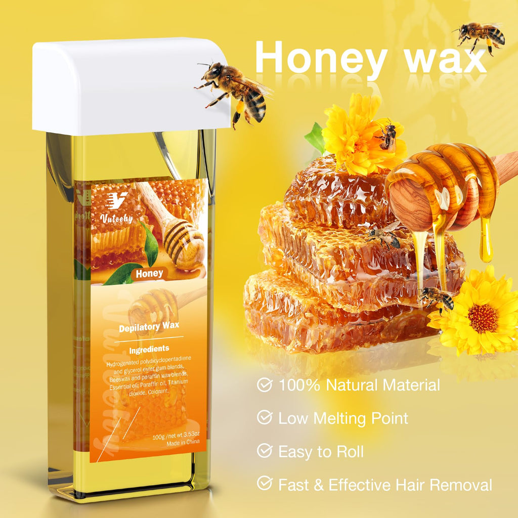 Vuteehy Roll on Wax Kit, Rolling Wax Hair Removal Kit for Women Men, Waxing Kit for Hair Removal, Roller Waxing Kit with 2 Honey Cartridges, 50 Pcs Strips