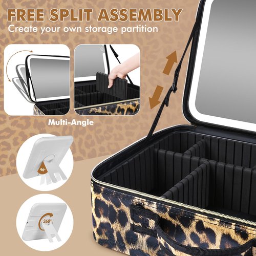 15''X11'' Large Makeup Bag with Removable Lighted Mirror, Professional Travel Make up Bag with Mirror and Light Cosmetic Train Case Organizer, PU Leather with Adjustable Dividers & Brush Storage Board