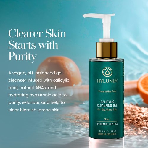 Hylunia Skincare Salicylic Facial Cleansing Gel - Deep Pore Cleanser for Oily Skin, Exfoliates & Hydrates, 5.1 fl. oz.