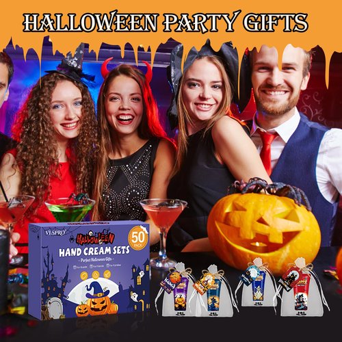 VESPRO 50 Sets Halloween Hand Cream Gift for Women, Hand Lotion for Halloween Party Favors with Halloween Cards and Organza Bags, Halloween Decorations and Bulk Halloween Gifts for Women