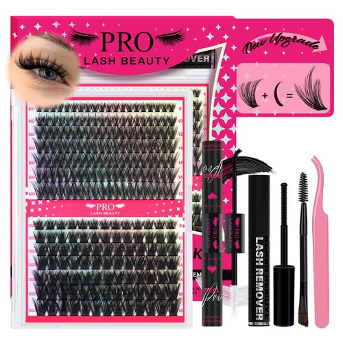 PROLASHBEAUTY Lash Clusters with Spikes 80D 100D Manga Lash Clusters Kit Spiky Eyelash Clusters Lash Bond and Seal Lash Remover Lash Tweezer Apply at Home(80D+100D, 8-18mix)