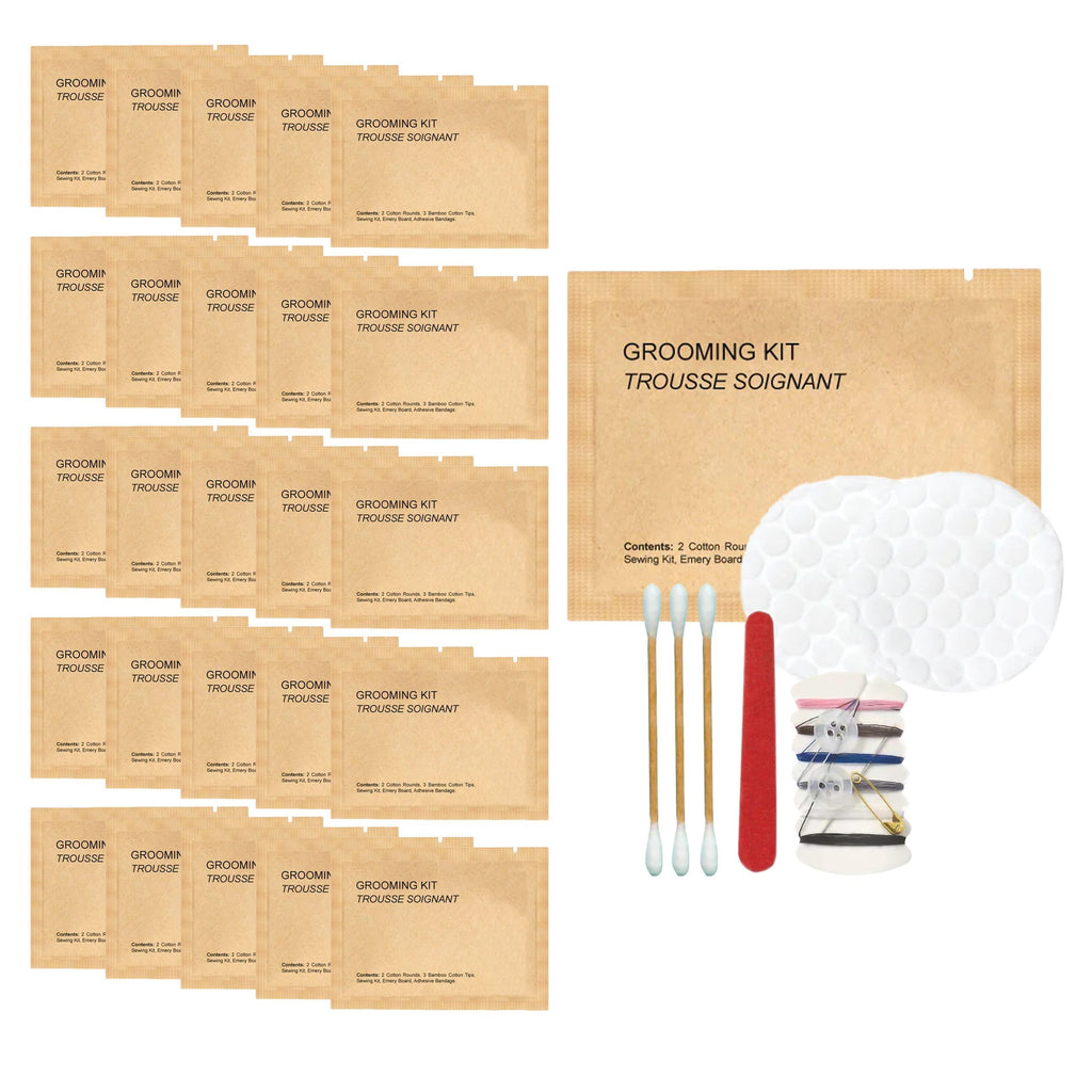 World Amenities Kraft Paper Grooming Kit - Travel Size Toiletries - Cotton Rounds, Bamboo Cotton Tips, Sewing Kit, Emery Board (25 Pack)
