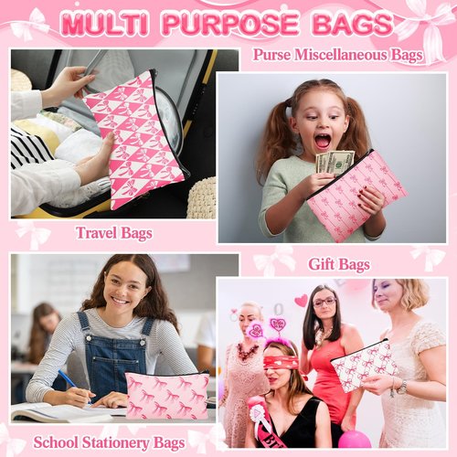 SilTriangle 24 Pieces Funny Cosmetic Bags Bulk Make up Bags Zipper Canvas Purse Organizer Pouch Portable Travel Toiletry Pouch for Women Inspirational Gifts, 7 x 4 Inch(Bow)