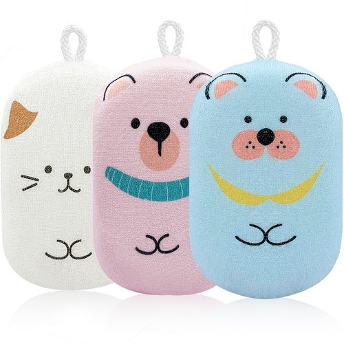 JieLiLeHome Baby and Kids Bath Loofah Sponge, Soft and Absorbent Toddler Exfoliating Body Scrubber Shower Loofa Sponge,Cute Pattern Design for Kids Baby Women Boys and Girl, 3 Pack (Bear/Dog/Cat)