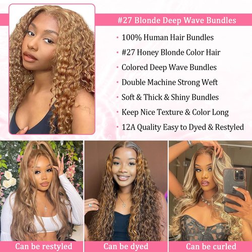 #27 Blonde Deep Wave Human Hair Bundles 20 Inch 12A Brazilian Human Hair Curly 1 Bundle Honey Blonde Wet and Wavy Bundles for Black Women