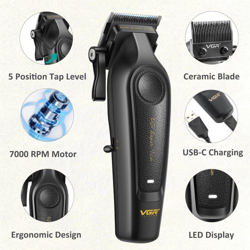 VGR 197 Professional Hair Clippers for Men, Cordless & Corded Barber Clippers with Ceramic Stainless Steel Blades, LED Indicator, Hair Cutting Kit with 6 Guide Combs & Grooming Accessories