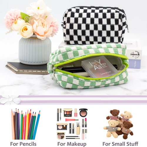 PAZIMIIK Checkered Makeup Bag - Portable Zipper Cosmetic Pouch for Travel | 6PCS Light Green