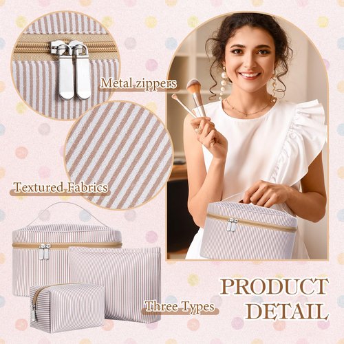 Huhumy 3 Pieces Makeup Bag Set for Women Cute Seersucker Cosmetic Pouch Travel Toiletry Bag Preppy Small Makeup Purse Pouch Aesthetic Skincare Brushes Storage Organizer for Women(Khaki)