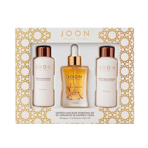 Joon Moisturizing Travel Size Gift Set - Saffron Hair Elixir, Shampoo & Conditioner (3-Piece)