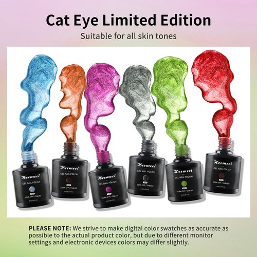 heemeei Cat Eye Gel Nail Polish, 6 Colors 8 ml Magnetic Blue Brown Purple Black Green Red Nail Polish Set with Magnetic Stick, Cat Eye Glitter Gel Polish, Spring Summer Magnetic Polish for Nail DIY