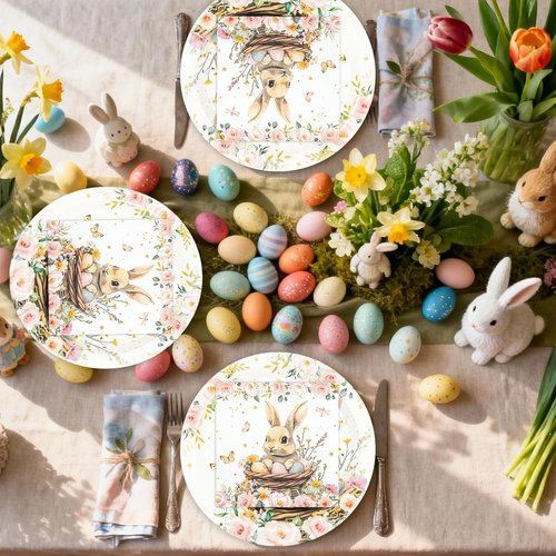 Regine Switzerland Easter Party Plates Set - 40 Pcs 9-Inch Bunny & Flower Design | Perfect for Spring Celebrations