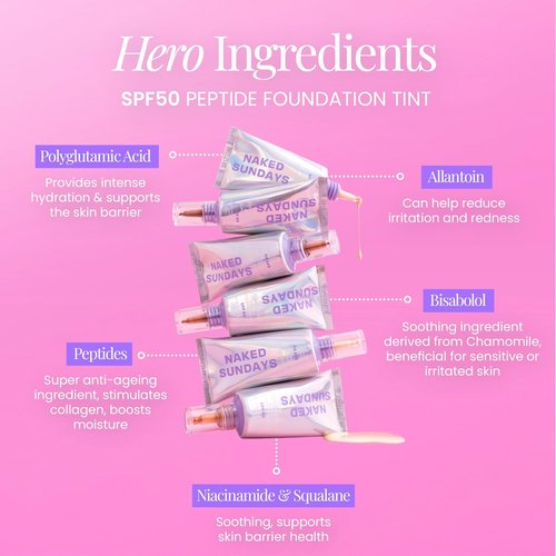 Naked Sundays BeautyScreen Peptide Foundation Tint - SPF 50 Tinted Sunscreen & Skincare Makeup | Lightweight Natural Coverage, 2.5 Light Neutral, 1.01 oz