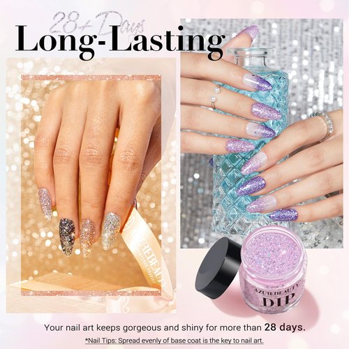 AZUREBEAUTY Dip Nails Powder Starter Kit - 8 All-Season Shiny Chrome Colors with Base & Top Coat | 30 PCS