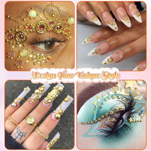 BELICEY 3D Nail Charms Mix Gold Star Moon Sun Charms for Nails Gold Flatback Nail Pearls Nail Charms Gems Pearls for Nails Jewelry for DIY Nail Art Supply Accessories Crafts with Tweezer Picker Pen