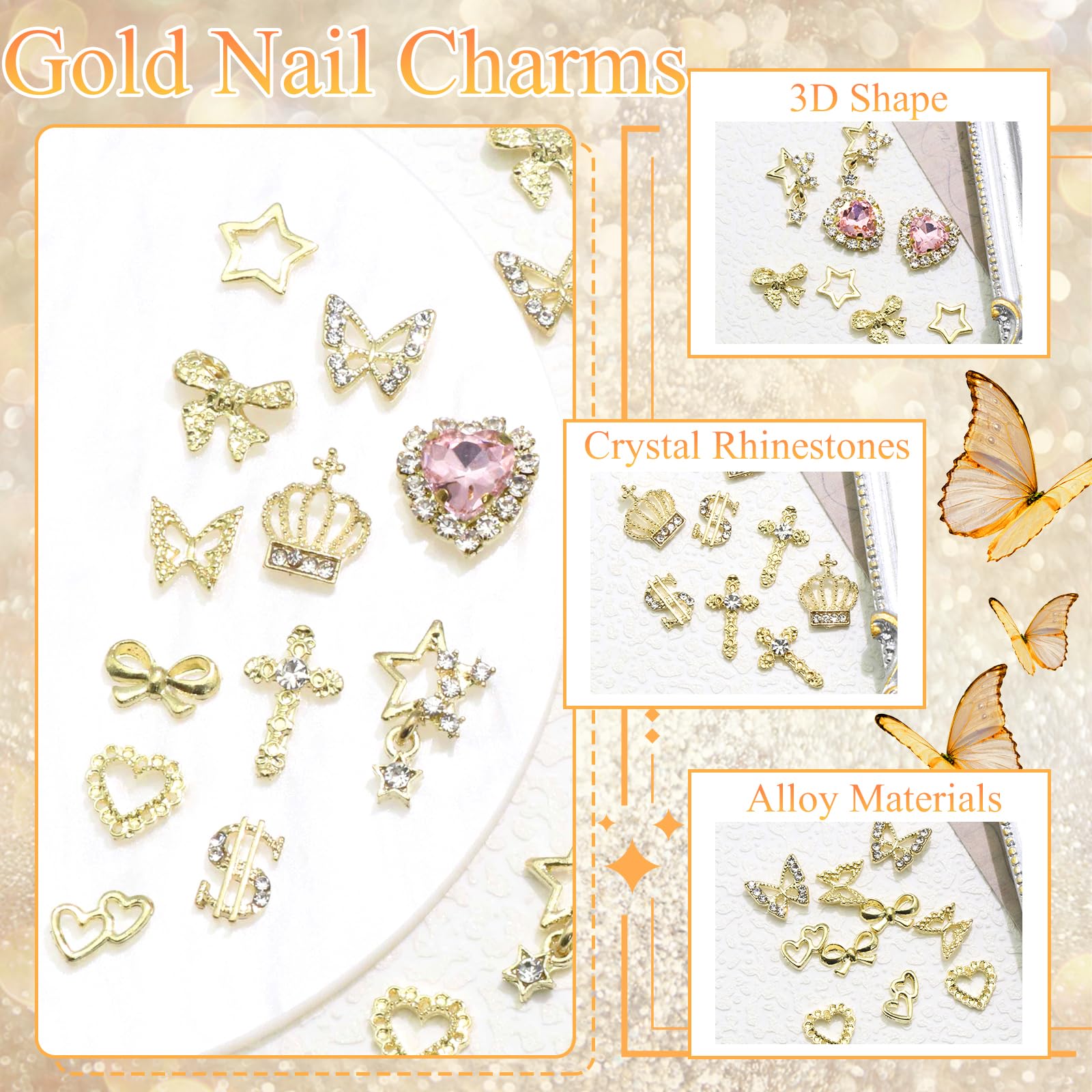YAEISM 180PCS Gold Nail Charms: Cross Crystal Star, 3D Gold Butterfly, Sparkly Crown, Shiny Dollar Sign, Bling Cross Bowknot Starlight for Nail Art and DIY
