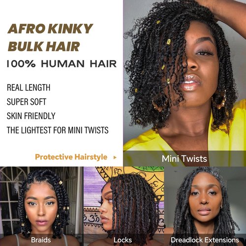 Afro Kinkys Bulk Human Hair -100% Real Human Hair for Mini Twist, Braiding, Loc Extensions & Crochet, Kinky Curly Hair Bundles, Natural Afro Bulk for Dreadlocks(1B, 16 Inch(Pack of 1))