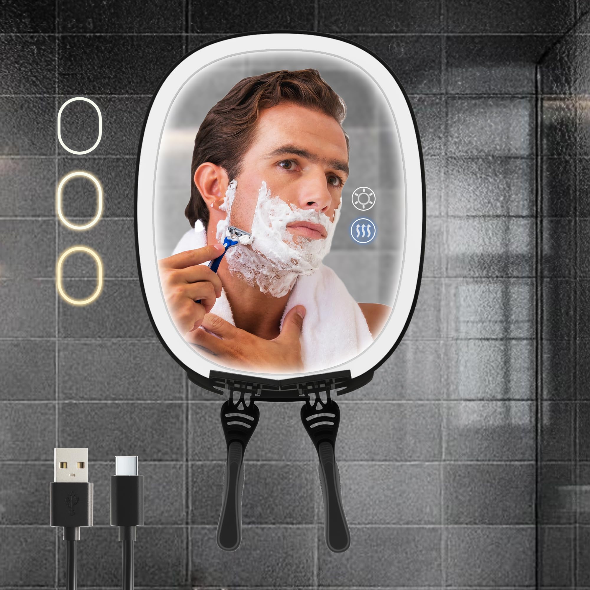 VOCOSTE Shaving Mirror for Shower Fogless, Heated Anti-Fog Mirror with 3-Color Dimmable LED Lights, 360° Rotation & 2 Weeks Runtime 5000mAh, Shower Mirror for Shaving Men, 2 Razors Holders