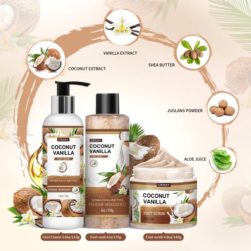 EIRNAY Coconut & Vanilla Foot Soak Set - Salts, Foot File, Scrub & Urea Cream Pedicure Supplies for Dry, Cracked Feet - Foot Spa Pedicure Kit for Women Men