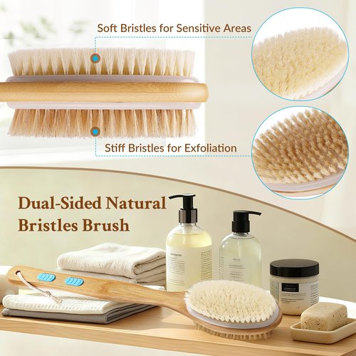Pumzapapa Body Brush with Back Scrubber, Double-Sided Long-Handled Bath Brush with Soft and Firm Bristles for Gentle and Deep Exfoliation, Wet/Dry Use, 2 Pack