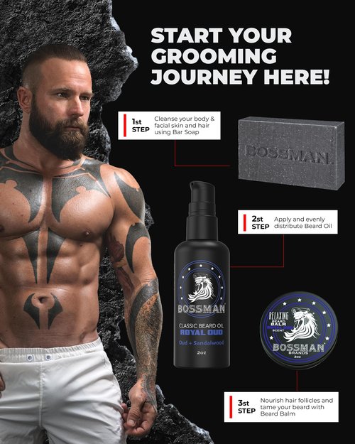 Bossman Starter Beard Kit for Men – Beard Oil (2 oz), Beard Balm & Bar Soap – Natural & Organic Grooming Kit – Made in the USA Men Gift Set (Royal Oud Scent)