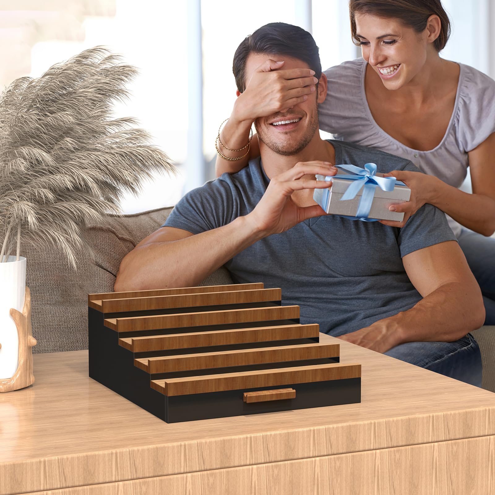 Zaldia Wooden Cologne Organizer for Men 5 Tier of Perfume Display Holder of Drawer & 2 Hidden Compartments Larger Storage Space Mens Perfume Organizer Shelf Stand,Gift for Man (5T-Black Walnut)