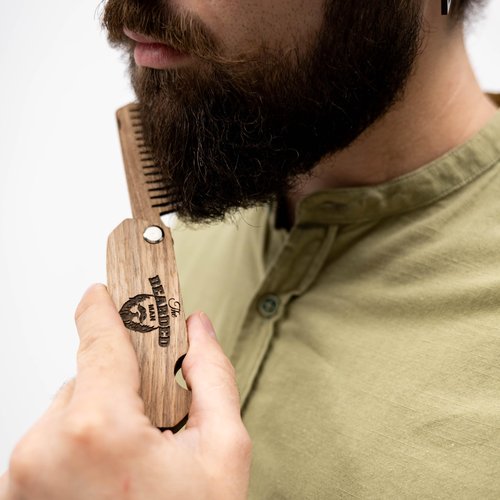 Enjoy The Wood Beard Comb for Men, Folding Pocket Beard Accessories for Men, Engraved Walnut Wooden Comb for Moustache, Beard & Hair For Him (Bearded Man)