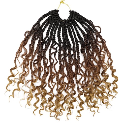 Goddess Box Braids Crochet Hair 12 Inch 8 Packs Pre-looped Bohemian Crochet Boho Box Braids With Curly Ends 3X Crochet Braids Hair for Women Synthetic Braiding (12 inch, T1B/30/27)